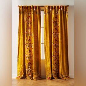 Anthropologie Fiori Velvet Embroidered Floral Curtain • 1 Panel NWOT • in Ochre